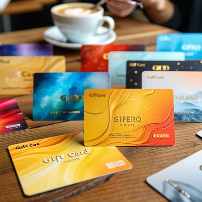 The image depicts a vibrant and eyecatching display of various gift cards arranged neatly on a wooden surface Each card showcases unique and colorful designs highlighting different brands with highresolution logos and cohesive color schemes Some card-1